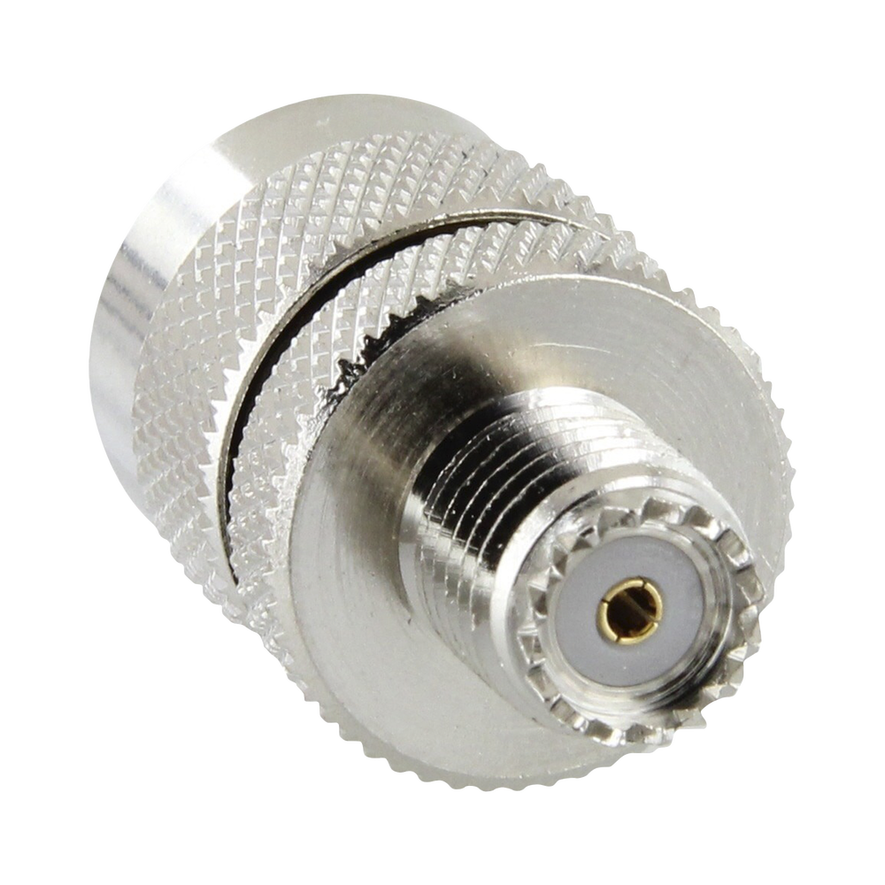 RF Industries RFU-626 Straight Adaptor from Mini UHF Female to UHF Male (PL-259), Nickel/ Gold/ PTFE.