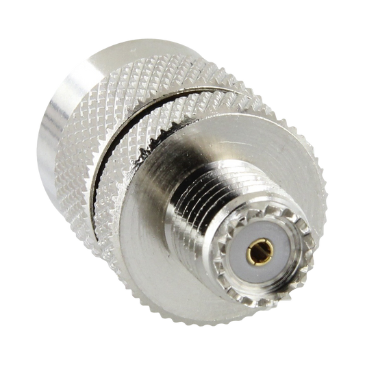 RF Industries RFU-626 Straight Adaptor from Mini UHF Female to UHF Male (PL-259), Nickel/ Gold/ PTFE.