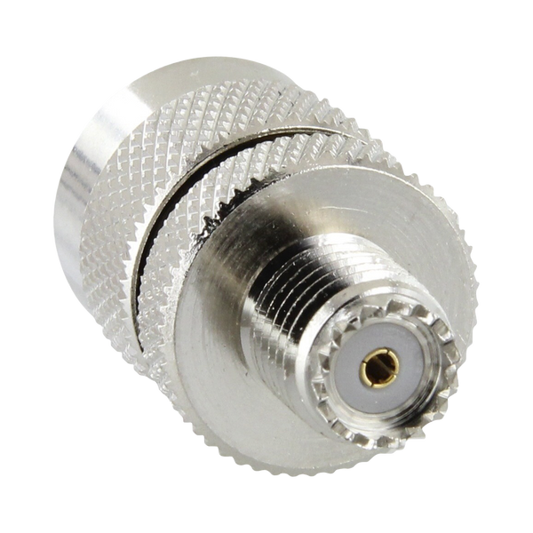 RF Industries RFU-626 Straight Adaptor from Mini UHF Female to UHF Male (PL-259), Nickel/ Gold/ PTFE.
