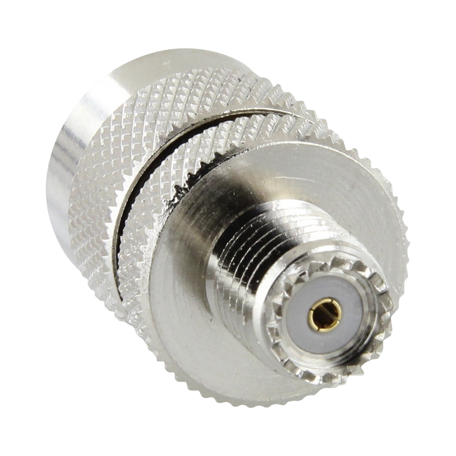 RF Industries RFU-626 Straight Adaptor from Mini UHF Female to UHF Male (PL-259), Nickel/ Gold/ PTFE.