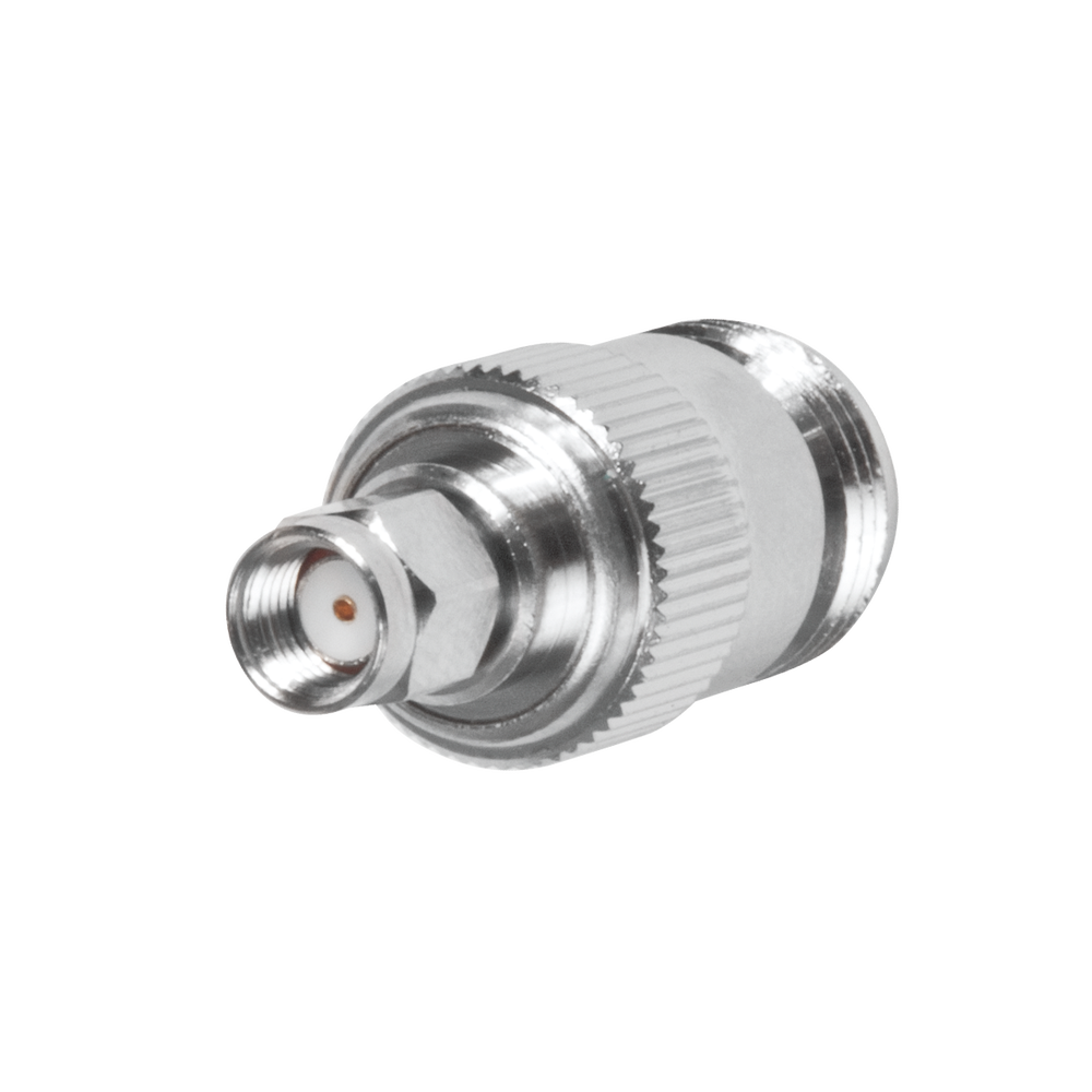 RF Industries RP-3452 Straight Adaptor, from Reverse Polarity SMA Male to N Female Connector, Nickel/ Gold/ PTFE.