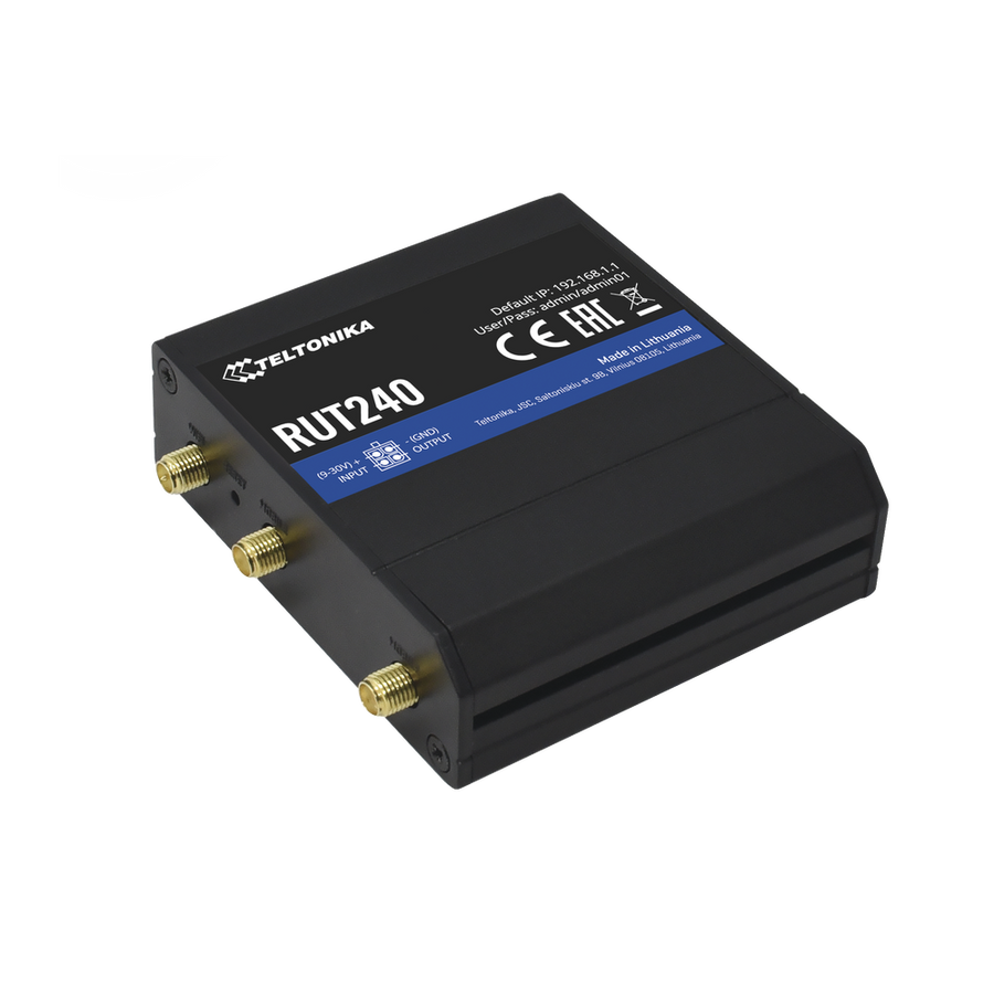 Teltonika RUT240 4G LTE Router RUT2400AU000 (US Version), SIM Card Slot, 2 Ethernet Ports 10/100 Mbps, 2.4 GHz Wi-Fi, User-Friendly Interface, Certificates: AT&T, T-Mobile Verizon.