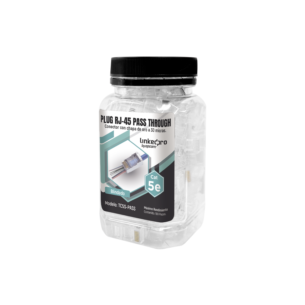 Linkedpro TC5S-PASS 100 pieces bottle with modular Plugs Pass through RJ45 Cat5e shielded, 30 micron gold plated for extreme durability
