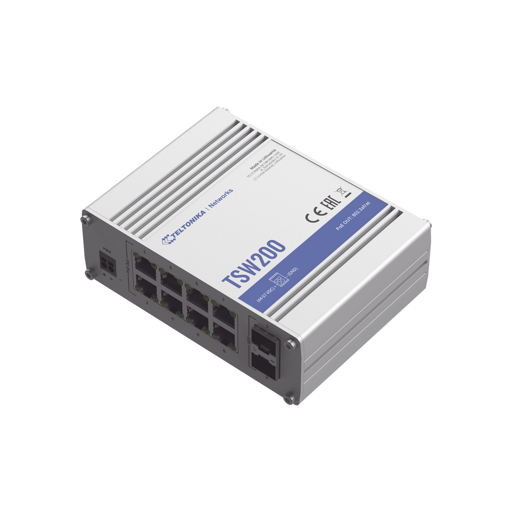 Teltonika TSW200 Unmanaged PoE Industrial Switch, 8 x Ethernet PoE+ ports, 2 x SFP ports, TSW200000070, with DIN Rail mount with US PSU