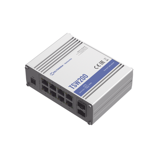 Teltonika TSW200 Unmanaged PoE Industrial Switch, 8 x Ethernet PoE+ ports, 2 x SFP ports, TSW200000070, with DIN Rail mount with US PSU