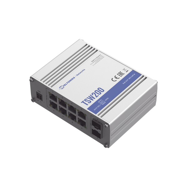 Teltonika TSW200 Unmanaged PoE Industrial Switch, 8 x Ethernet PoE+ ports, 2 x SFP ports, TSW200000070, with DIN Rail mount with US PSU