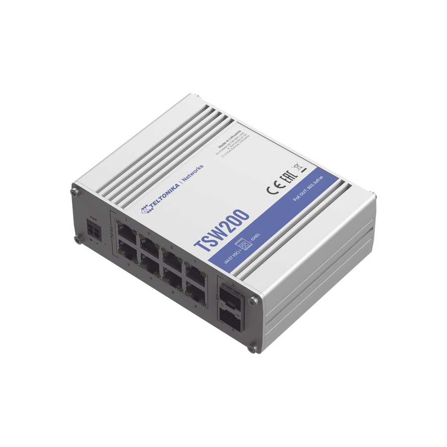 Teltonika TSW200 Unmanaged PoE Industrial Switch, 8 x Ethernet PoE+ ports, 2 x SFP ports, TSW200000070, with DIN Rail mount with US PSU
