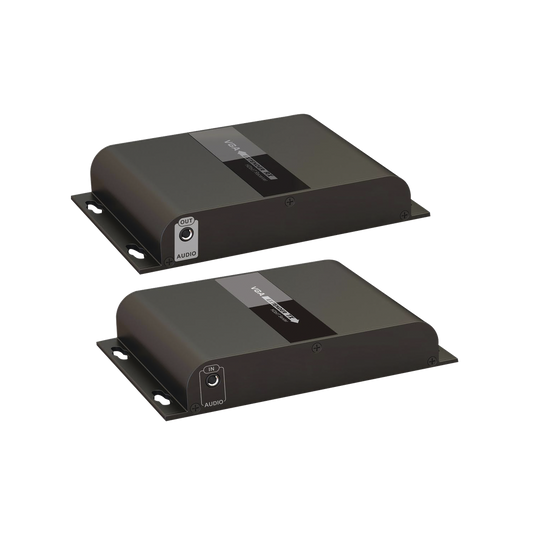 Epcom Titanium TT383VGA VGA Extender Kit over Cat 5e/6 network cable / Resolution 1080P @60Hz / Transmission distance 100 m with Cat5e and 120 m with Cat6. / 3.5mm audio jack / Output resolution indicator / Power supply included.