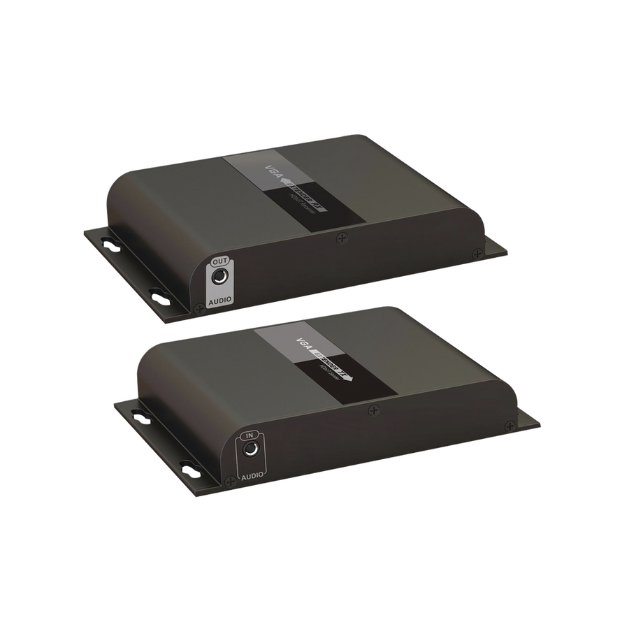 Epcom Titanium TT383VGA VGA Extender Kit over Cat 5e/6 network cable / Resolution 1080P @60Hz / Transmission distance 100 m with Cat5e and 120 m with Cat6. / 3.5mm audio jack / Output resolution indicator / Power supply included.