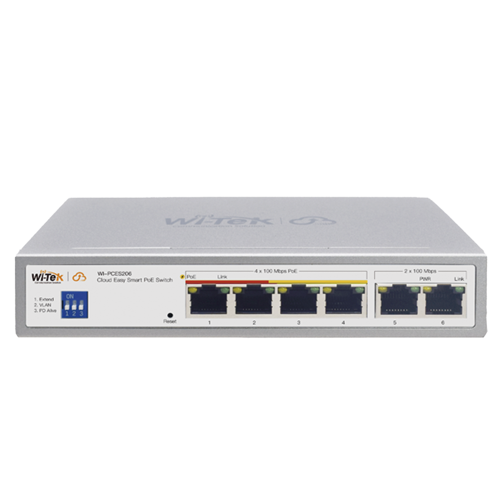Wi-Tek WI-PCES206 Cloud Easy Smart 250m PoE Switch, 4 FE PoE Ports + 2 FE Ports, Port1-2: Hi-PoE, Port3-4: 802.3af/at, 60W, Support Wi-Tek Cloud Management and Mobile APP Remote Maintenance