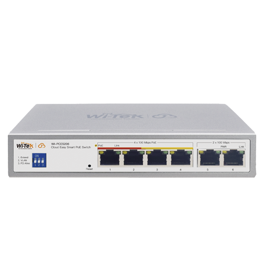 Wi-Tek WI-PCES206 Cloud Easy Smart 250m PoE Switch, 4 FE PoE Ports + 2 FE Ports, Port1-2: Hi-PoE, Port3-4: 802.3af/at, 60W, Support Wi-Tek Cloud Management and Mobile APP Remote Maintenance