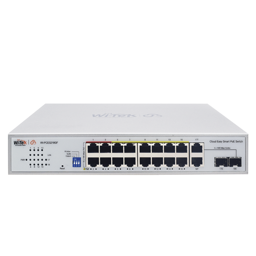 Wi-Tek WI-PCES218GF Cloud Easy Smart 250m PoE Switch, 16 X 10/100Mbps RJ45 PoE Ports, 2*1000Mbps Combo SFP, Port 1-4: 802.3af/at/bt, Port5-16: 802.3af/at, Total PoE Power Budget Is 250W, Support Wi-Tek Cloud Management, Mobile APP Remote Maintenance