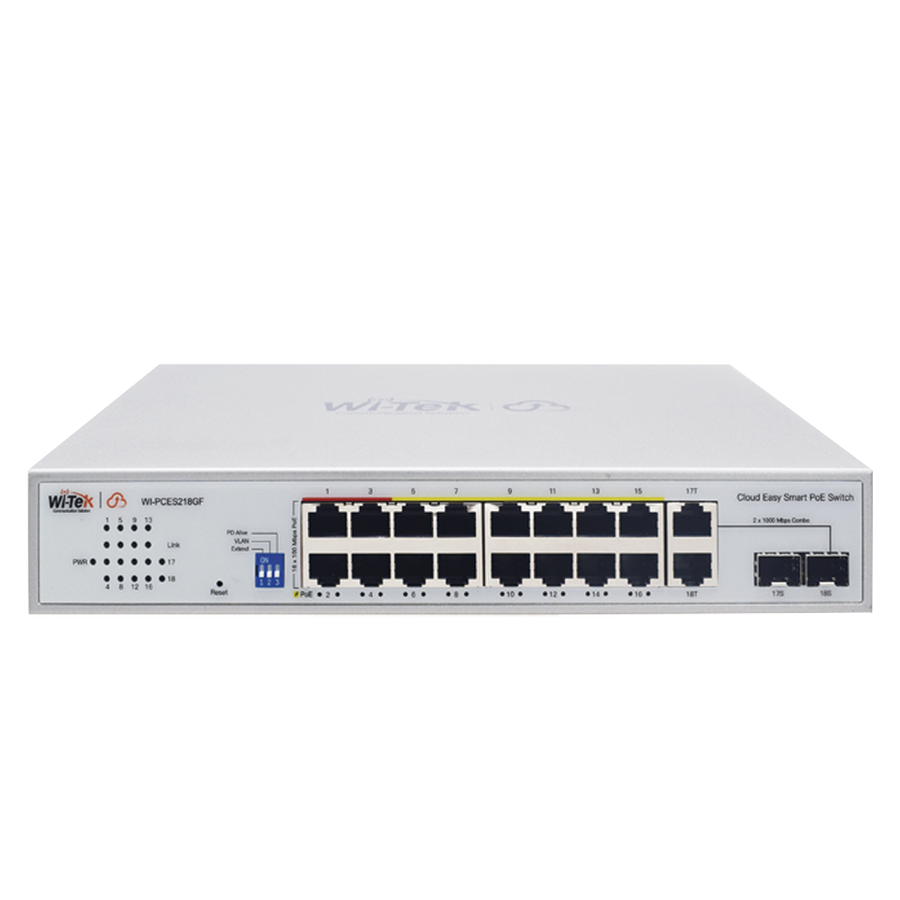 Wi-Tek WI-PCES218GF Cloud Easy Smart 250m PoE Switch, 16 X 10/100Mbps RJ45 PoE Ports, 2*1000Mbps Combo SFP, Port 1-4: 802.3af/at/bt, Port5-16: 802.3af/at, Total PoE Power Budget Is 250W, Support Wi-Tek Cloud Management, Mobile APP Remote Maintenance