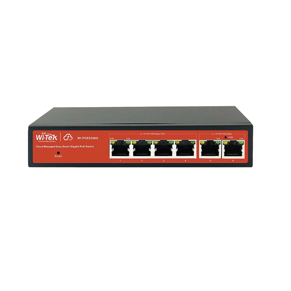 Wi-Tek WI-PCES306G Gigabit 6‑Port PoE+ Switch (4 PoE+ Ports up to 60 W) with Cloud Management, Mobile Remote Maintenance, Anti‑Loop Business Continuity, Real‑Time Alarms, and ONVIF IP Camera Identification
