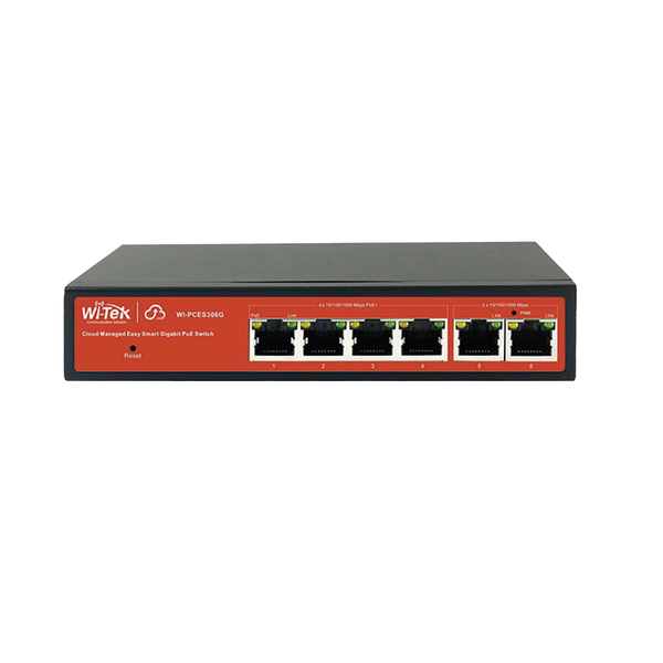 Wi-Tek WI-PCES306G Gigabit 6‑Port PoE+ Switch (4 PoE+ Ports up to 60 W) with Cloud Management, Mobile Remote Maintenance, Anti‑Loop Business Continuity, Real‑Time Alarms, and ONVIF IP Camera Identification