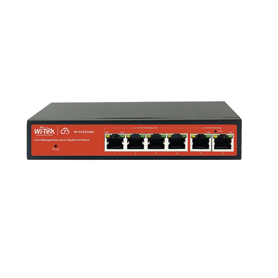 Wi-Tek WI-PCES306G Gigabit 6‑Port PoE+ Switch (4 PoE+ Ports up to 60 W) with Cloud Management, Mobile Remote Maintenance, Anti‑Loop Business Continuity, Real‑Time Alarms, and ONVIF IP Camera Identification