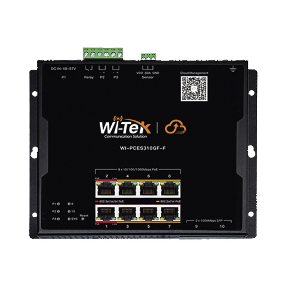 Wi-Tek WI-PCES310GF-F Flat Design Cloud Easy Smart PoE Switch, 8 GE PoE Ports and 2 SFP Ports, Ports 1-2: 802.3 af/at/bt PoE, Ports 3-8: af/at PoE, Compatible with Wall Mounting, Magnetic Mounting, or DIN-Rail Mounting, Manageable via Wi-Tek Cloud and