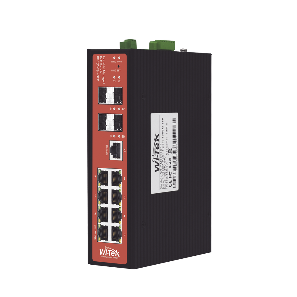 Wi-Tek WIPMS312GFIV2 Managed Industrial PoE Switch, Ports 1-2 : 24V Passive/48V 802.3 af/at PoE 30W, Ports 3-4: 802.3 af/at/bt PoE 60W, Ports 5-8: 802.3 af/at PoE 30W
