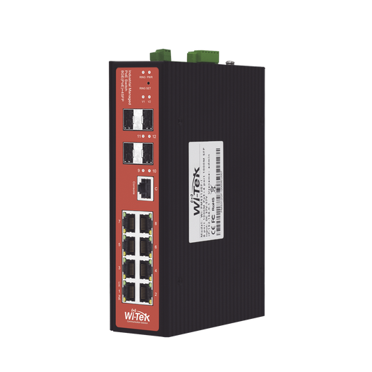 Wi-Tek WIPMS312GFIV2 Managed Industrial PoE Switch, Ports 1-2 : 24V Passive/48V 802.3 af/at PoE 30W, Ports 3-4: 802.3 af/at/bt PoE 60W, Ports 5-8: 802.3 af/at PoE 30W