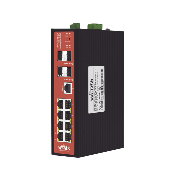 Wi-Tek WIPMS312GFIV2 Managed Industrial PoE Switch, Ports 1-2 : 24V Passive/48V 802.3 af/at PoE 30W, Ports 3-4: 802.3 af/at/bt PoE 60W, Ports 5-8: 802.3 af/at PoE 30W