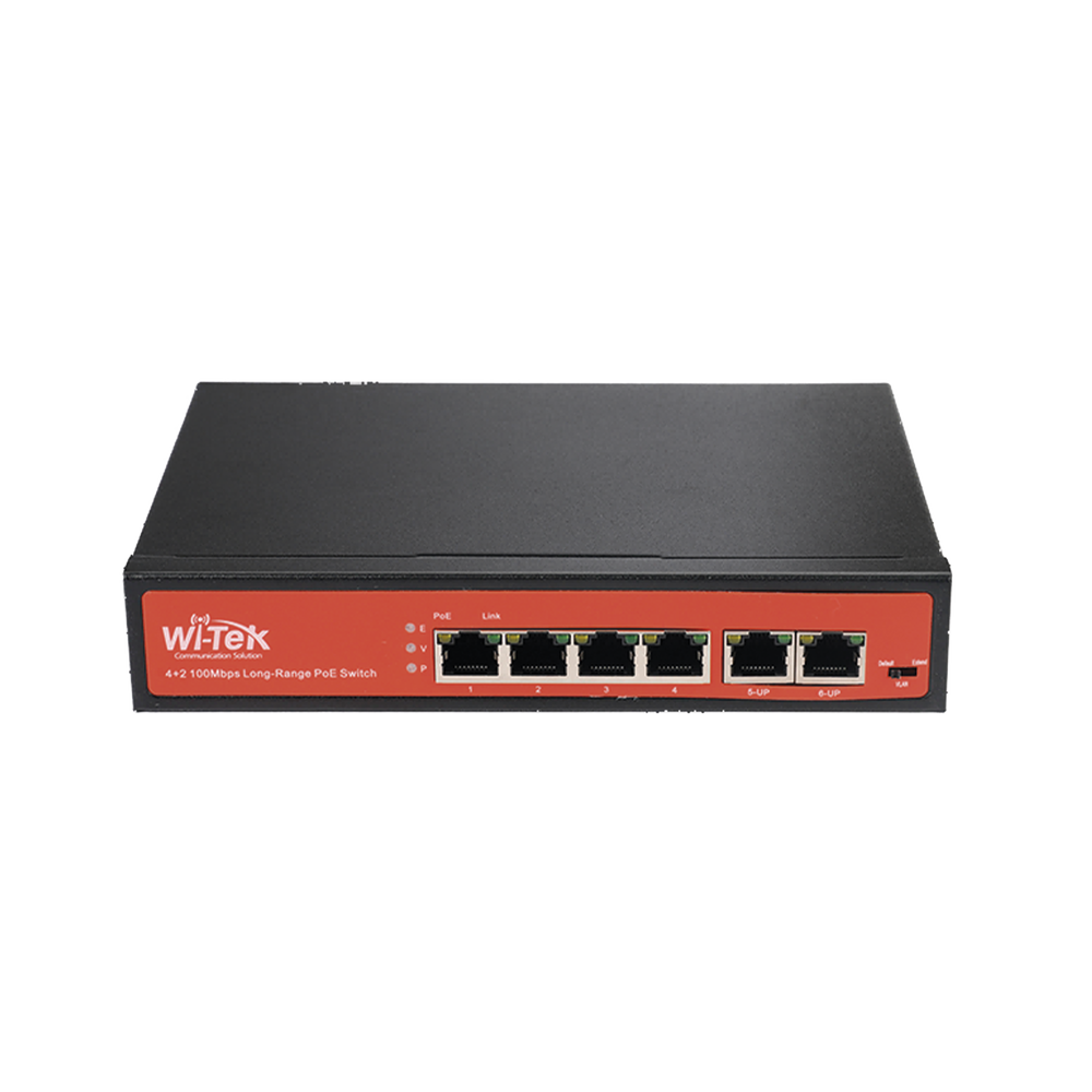 Wi-Tek WI-PS205V2 Switch with 4 PoE ports 10/100 up to 250m and 2 uplink ports 10/100, supports 1 port with Hi-PoE