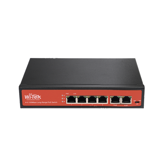 Wi-Tek WI-PS205V2 Switch with 4 PoE ports 10/100 up to 250m and 2 uplink ports 10/100, supports 1 port with Hi-PoE