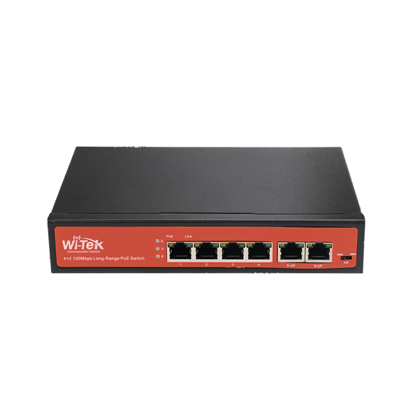 Wi-Tek WI-PS205V2 Switch with 4 PoE ports 10/100 up to 250m and 2 uplink ports 10/100, supports 1 port with Hi-PoE