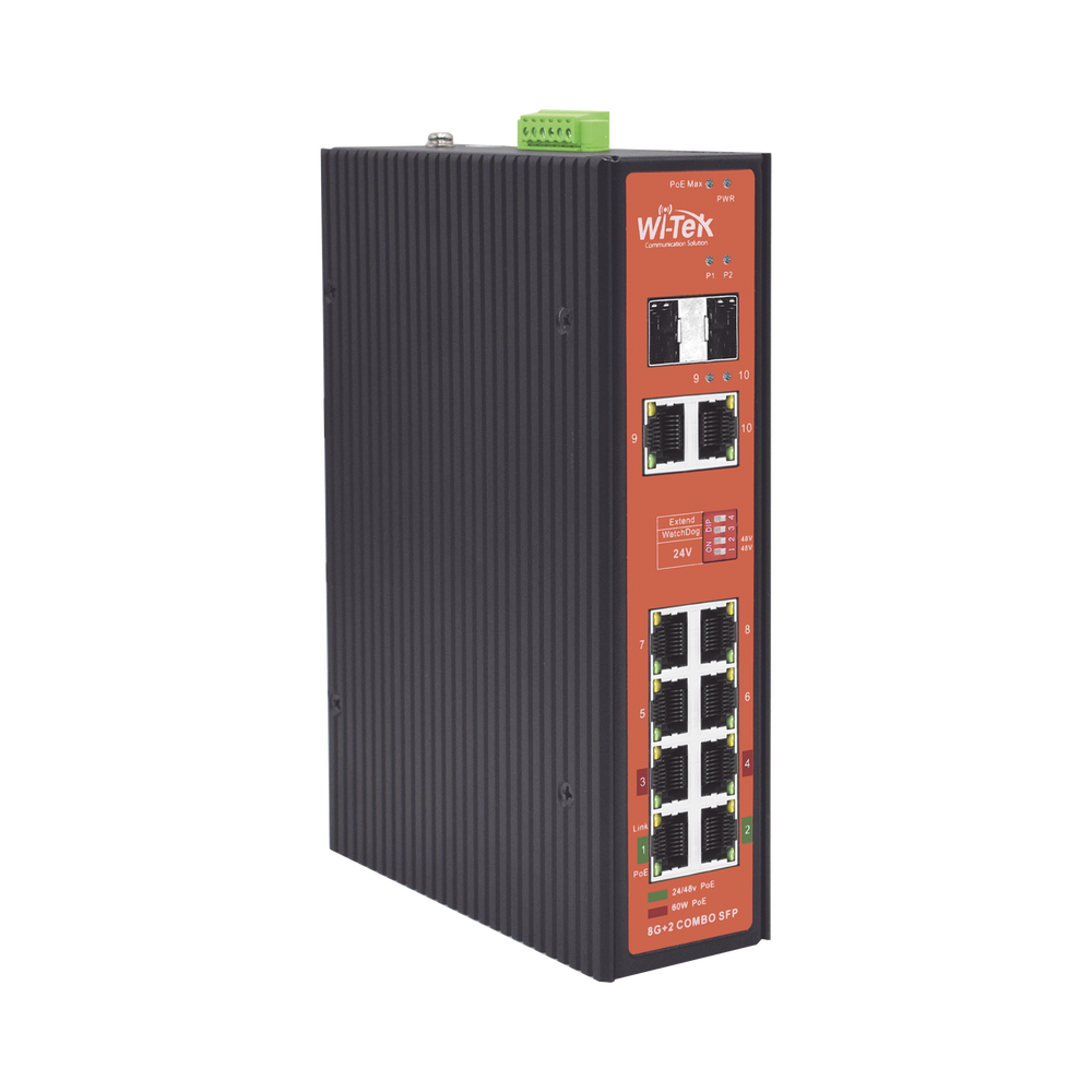 Wi-Tek WI-PS310GF-I-V2 Industrial PoE Switch with 8 GE PoE Ports and 2 Combo SFP Ports, Supporting 802.3af/at/bt Active PoE and 24V/48V Passive PoE