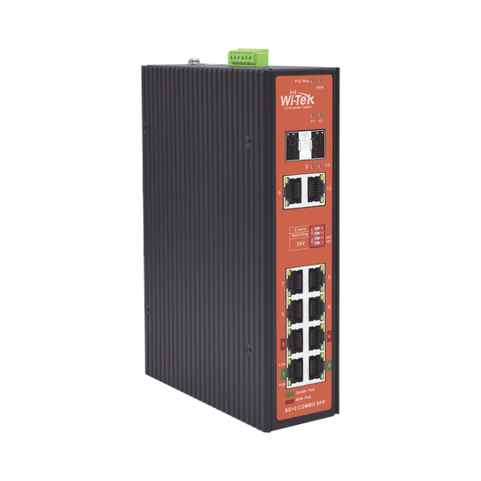 Wi-Tek WI-PS310GF-I-V2 Industrial PoE Switch with 8 GE PoE Ports and 2 Combo SFP Ports, Supporting 802.3af/at/bt Active PoE and 24V/48V Passive PoE