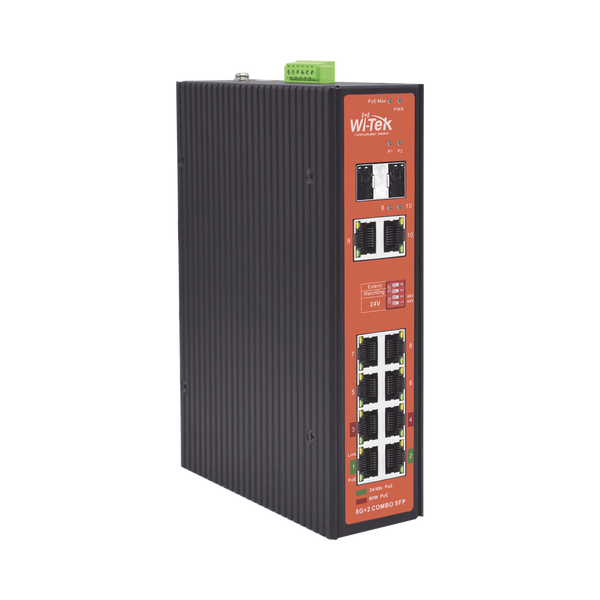 Wi-Tek WI-PS310GF-I-V2 Industrial PoE Switch with 8 GE PoE Ports and 2 Combo SFP Ports, Supporting 802.3af/at/bt Active PoE and 24V/48V Passive PoE