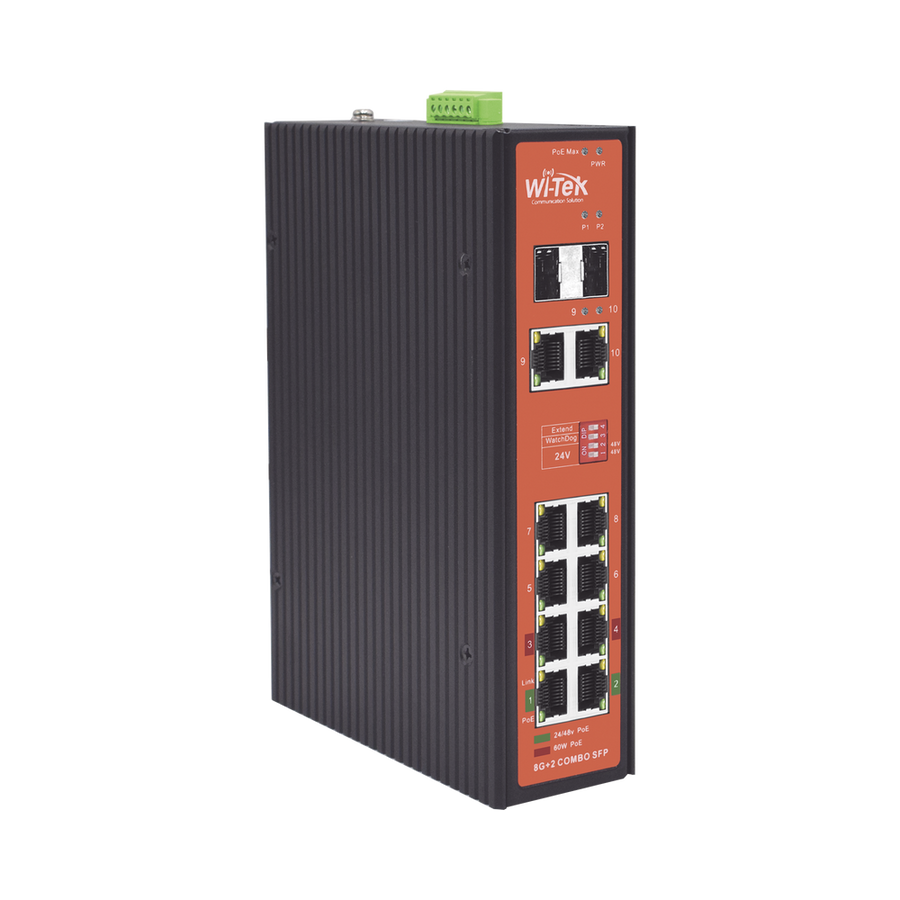 Wi-Tek WI-PS310GF-I-V2 Industrial PoE Switch with 8 GE PoE Ports and 2 Combo SFP Ports, Supporting 802.3af/at/bt Active PoE and 24V/48V Passive PoE