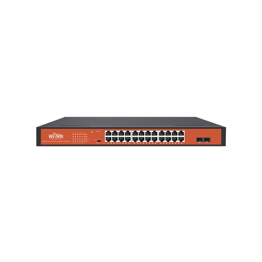 Wi-Tek WI-PS326GFH 24-Port Gigabit PoE Switch with 2 SFP Slots, 250m Long-Distance CCTV Mode, and 250W Power Budget