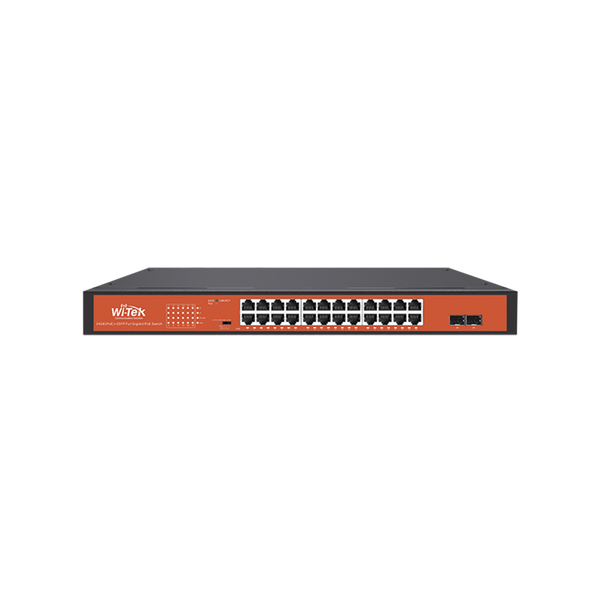 Wi-Tek WI-PS326GFH 24-Port Gigabit PoE Switch with 2 SFP Slots, 250m Long-Distance CCTV Mode, and 250W Power Budget