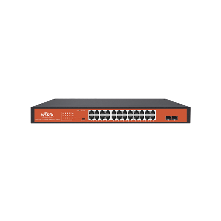 Wi-Tek WI-PS326GFH 24-Port Gigabit PoE Switch with 2 SFP Slots, 250m Long-Distance CCTV Mode, and 250W Power Budget