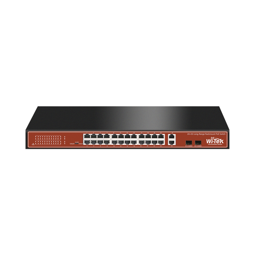 Wi-Tek WI-PS526G 24-Port PoE CCTV Switch with Hi-PoE - 60W Ports, 2x SFP Combo, 250m Long-Range, Plug & Play