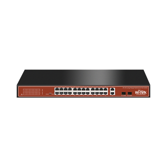 Wi-Tek WI-PS526G 24-Port PoE CCTV Switch with Hi-PoE - 60W Ports, 2x SFP Combo, 250m Long-Range, Plug & Play