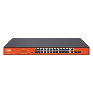 Wi-Tek WI-PS526G-V4 24-Port Fast Ethernet PoE Switch with 2x Combo SFP, Hi-PoE (60W), 250m Extend Mode, 250W PoE Budget, DIP Switch, and CCTV Optimization