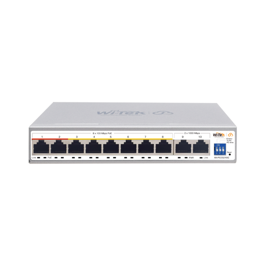 Wi-Tek WI-PCES210G Cloud Easy Smart 250m PoE Switch, 8 FE PoE Ports, 2 GE Ports, Port 1-2: Hi-PoE, Port 3-8: 802.3af/at, 100W, Support Wi-Tek Cloud Management and Mobile APP Remote Maintenance