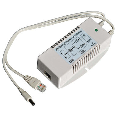 Tycon PoE Splitter. GigE. 24VDC Passive PoE input. 24VAC @ 1.7A 40W output. 5.5x2.1 barrel connector. 14 inch cables