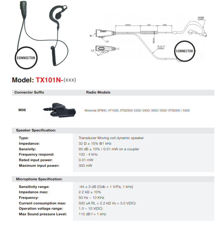 Txpro TX-110N-M06 Motorola Replacement Earpiece Lapel Microphone Adjustable Radios