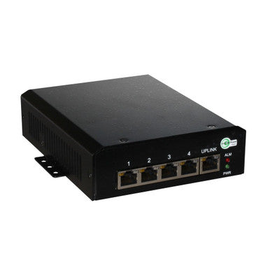 Tycon 5 Port 360W Gigabit 802.3bt PoE Switch. 802.3bt 90W Output on 4 ports. 53-57VDC wire term IN. Uplink port accepts 802.3bt 70W